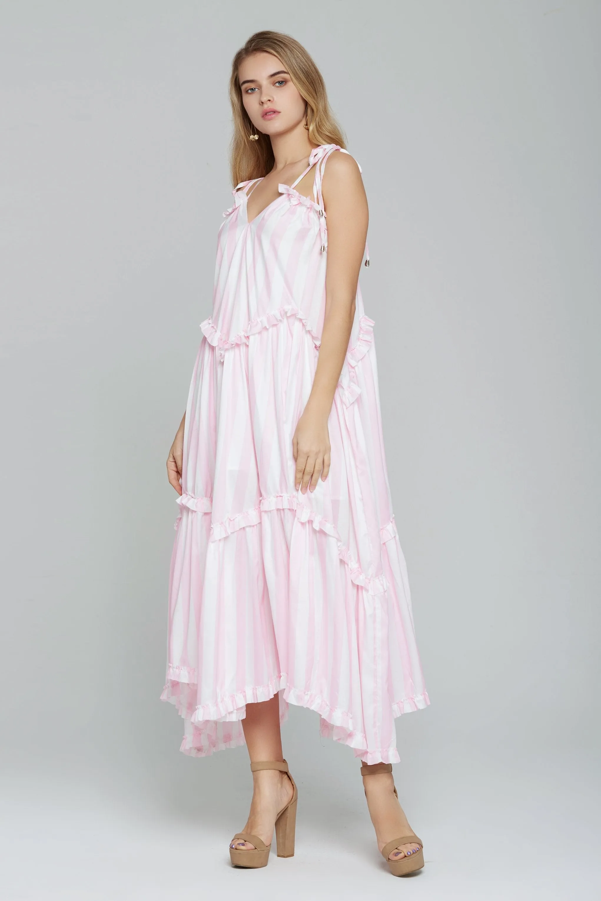 Baby Pink and White Stripe Tiered Midi Dress