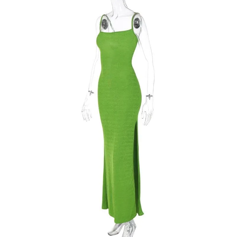 BerriesJam - Backless Square Neck Lace Up Solid Slit Cami Midi Dress