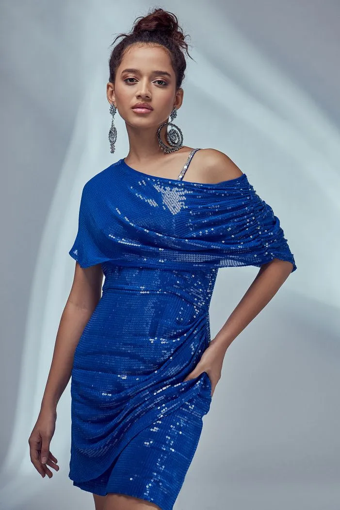 Cobalt Blue Off-Shoulder Drape Dress