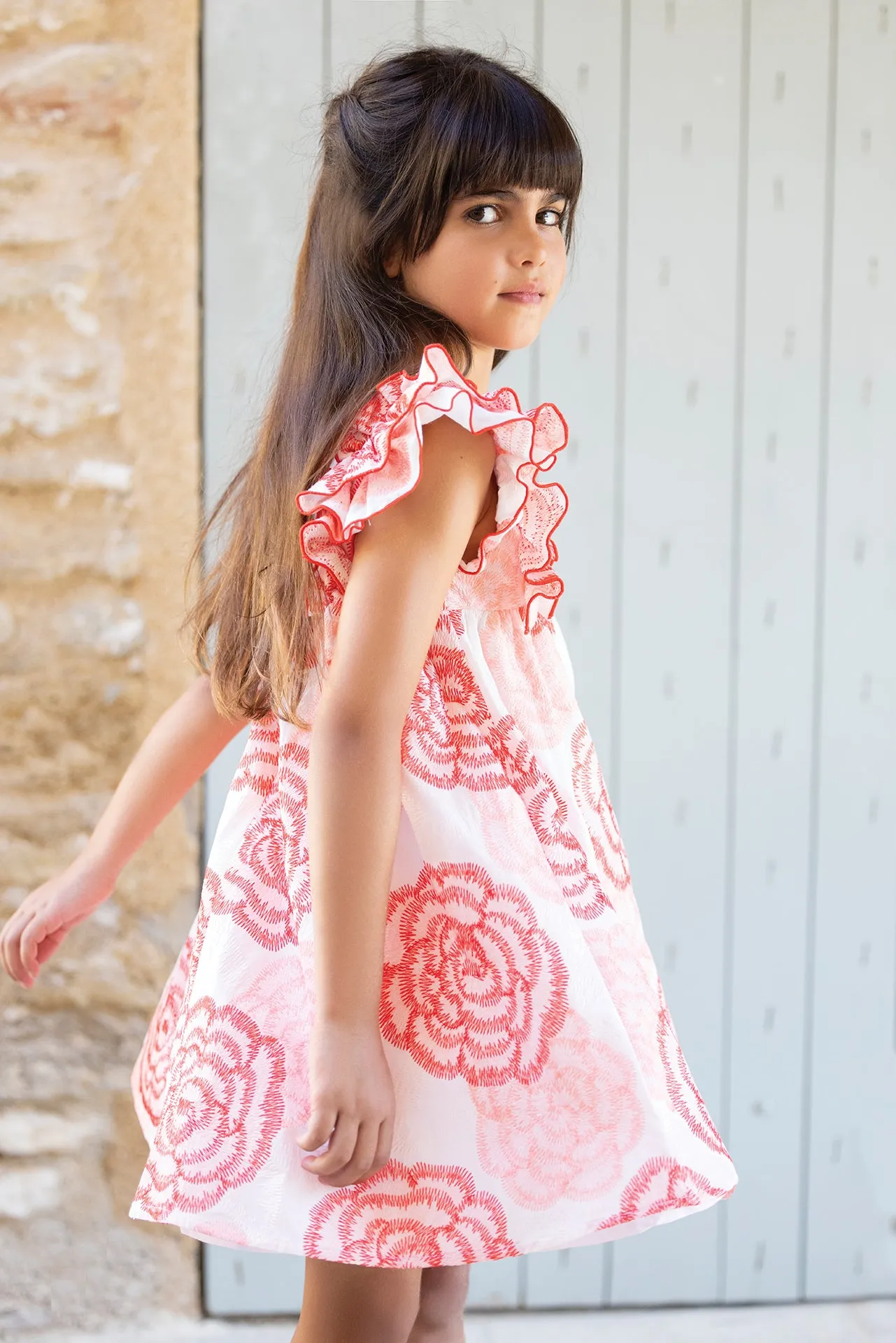 Dress - Pale pink and coral flowery ruffles