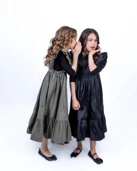 Olive Green Taffeta Midi Jumper Dress with Adjustable Straps