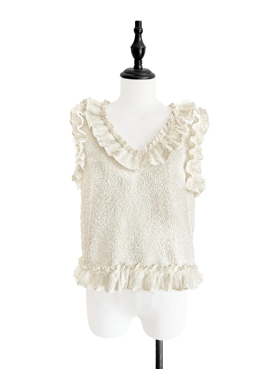 Gold Jacquard Layered Mesh Ruffle Sleeveless Top
