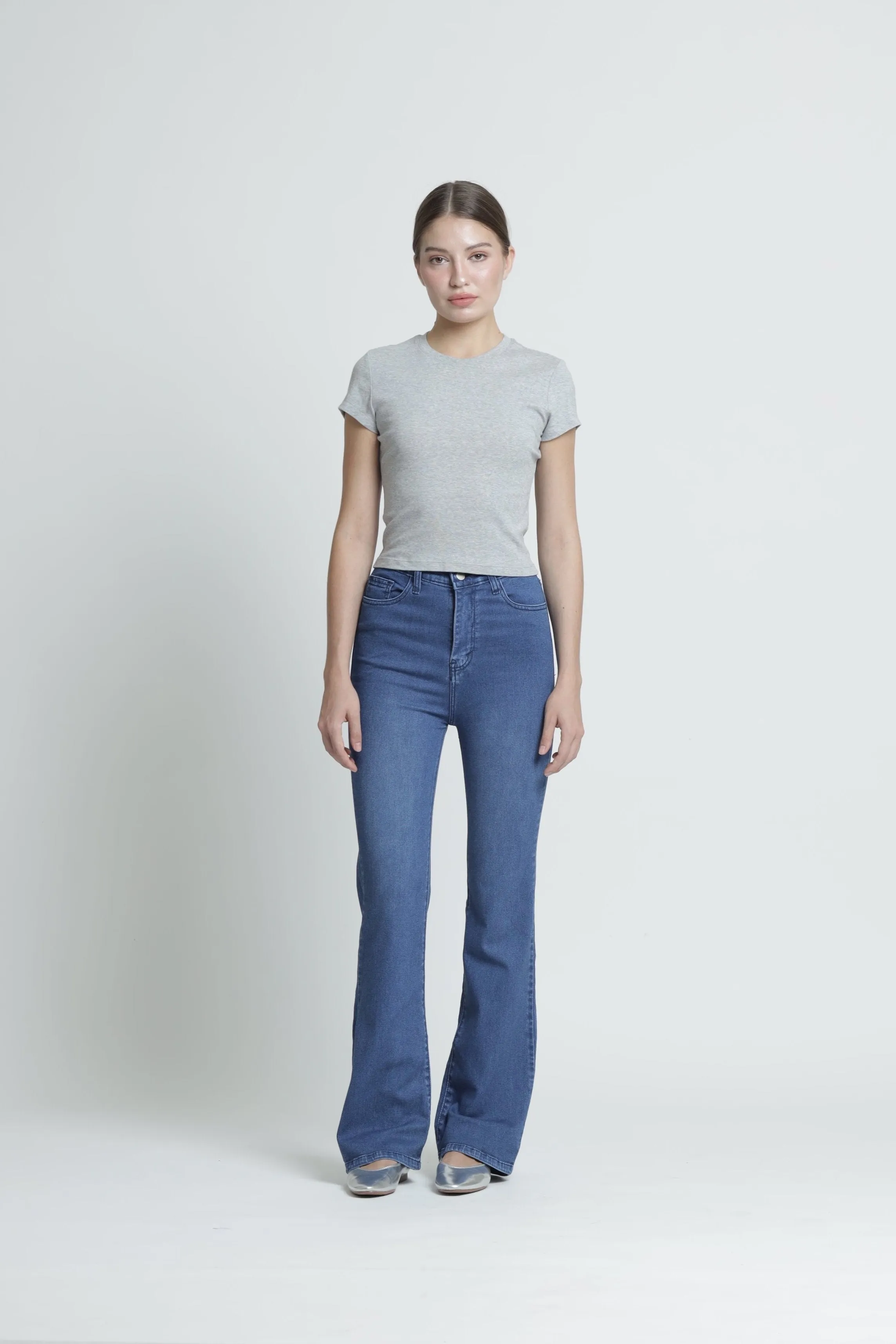 Washed Blue Elongating Flare Jeans